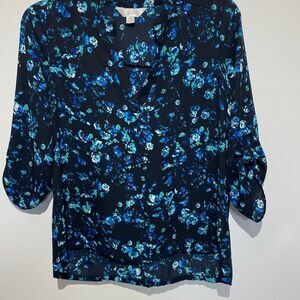 Decree Women's Navy Blue Floral V-Neck 3/4 Tab Sleeve Blouse Top Size Small